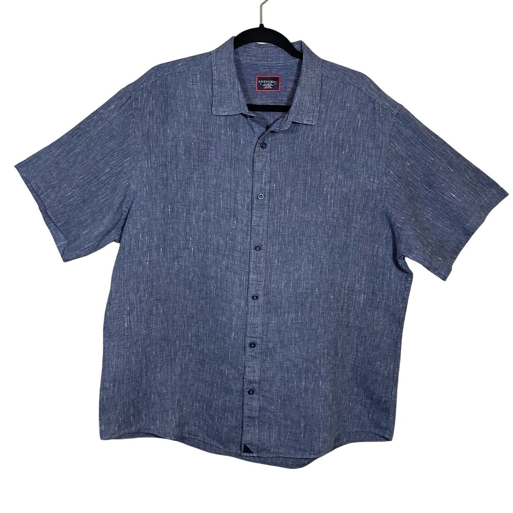 UNTUCKit Men's XL Linen Shirt Blue Pinstripe Short Sleeve Button Front Casual